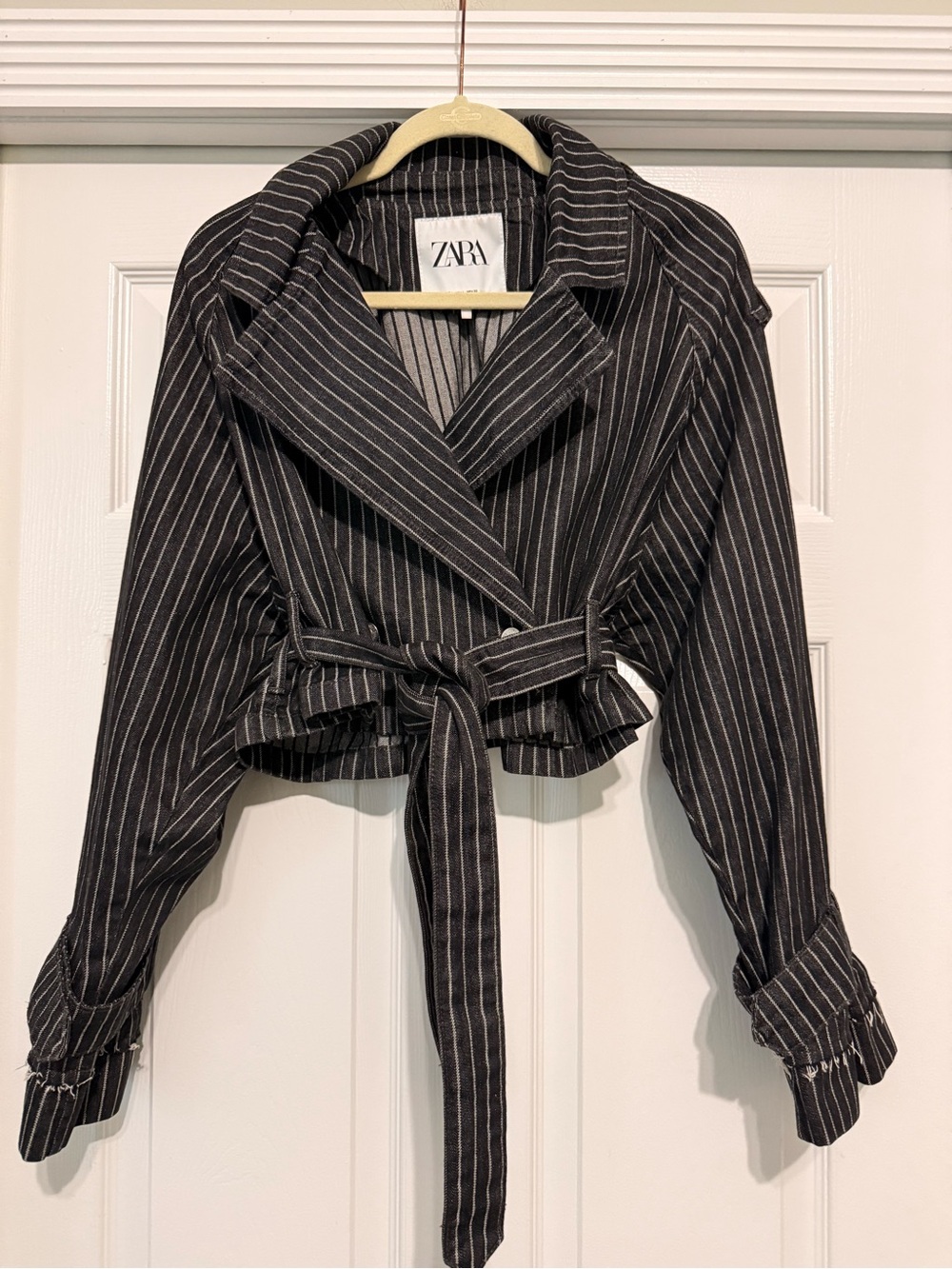 Zara Black & White Pinstripe Cropped Tie-Waist Blazer
